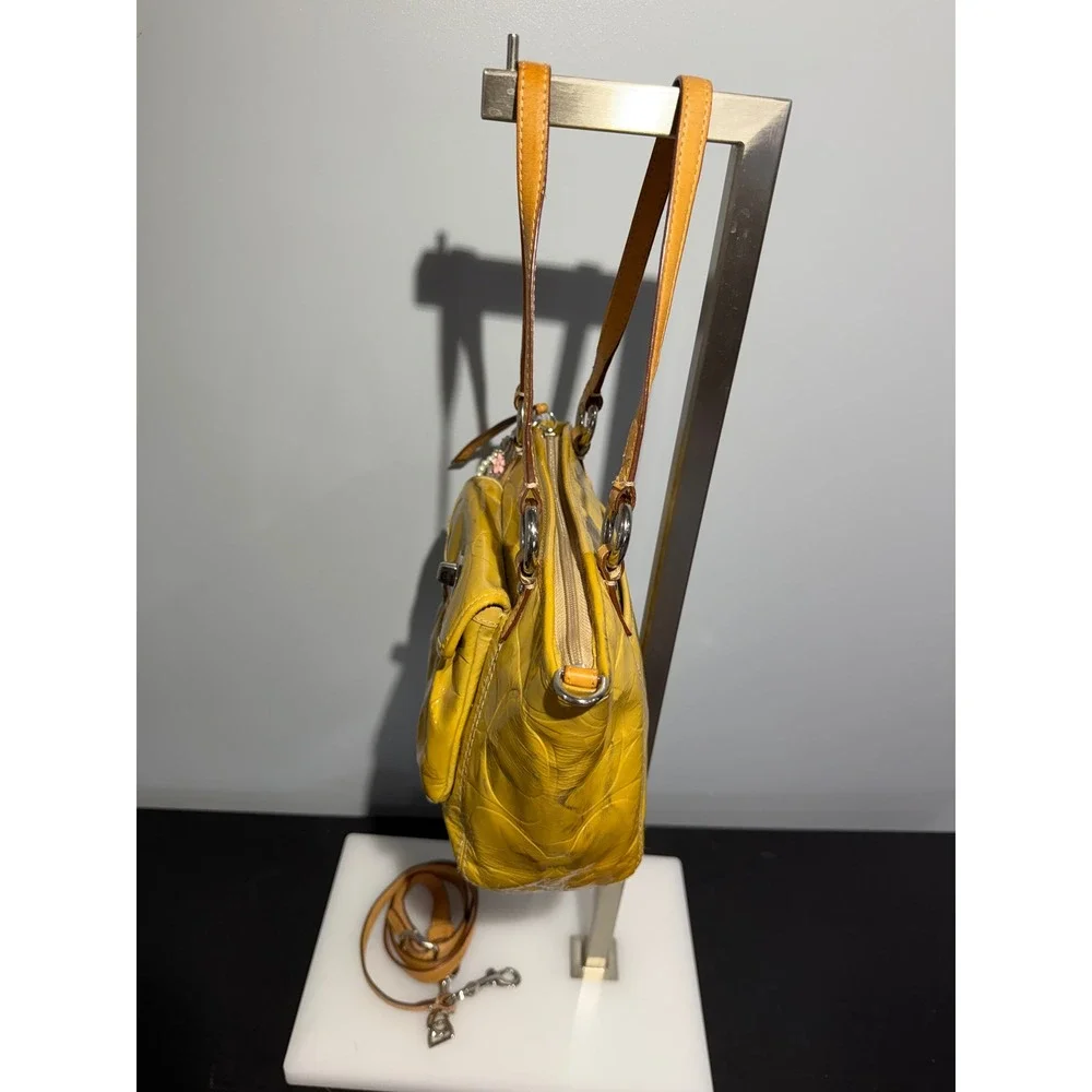 Coach Yellow Embossed Patent Leather Satchel Handbag F14729 with Charm